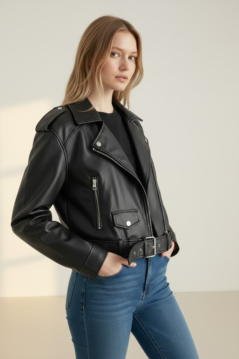 Classic Faux Leather Biker Jacket | Relaxed Fit with Adjustable Waist Belt for Effortless Style