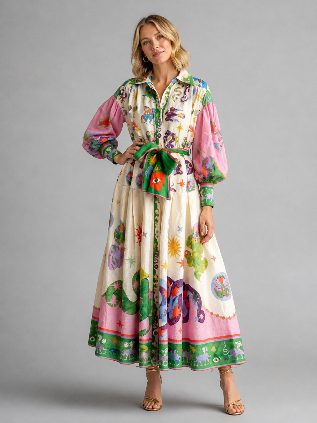 Artistic Summer Maxi Dress | Printed Design with Belted Waist for Effortless Elegance 0