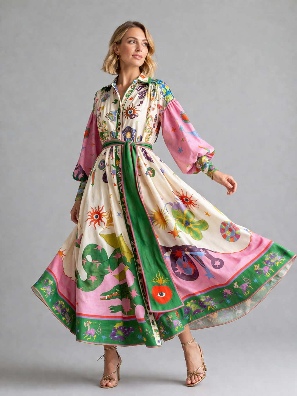 Artistic Summer Maxi Dress | Printed Design with Belted Waist for Effortless Elegance 1