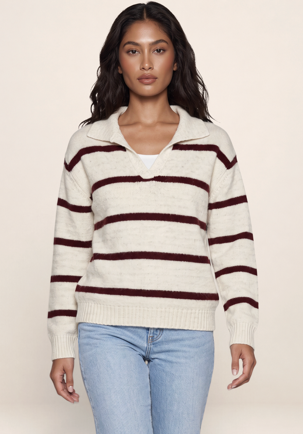 Women’s Wool Striped Jumper – Collared V-Neck Long Sleeve Knit Sweater