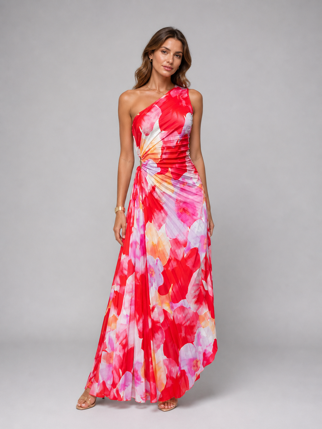 Elegant Floral Maxi Dress | One-Shoulder Design with Pleated Fabric | Flattering Long Dress for Effortless Style 0