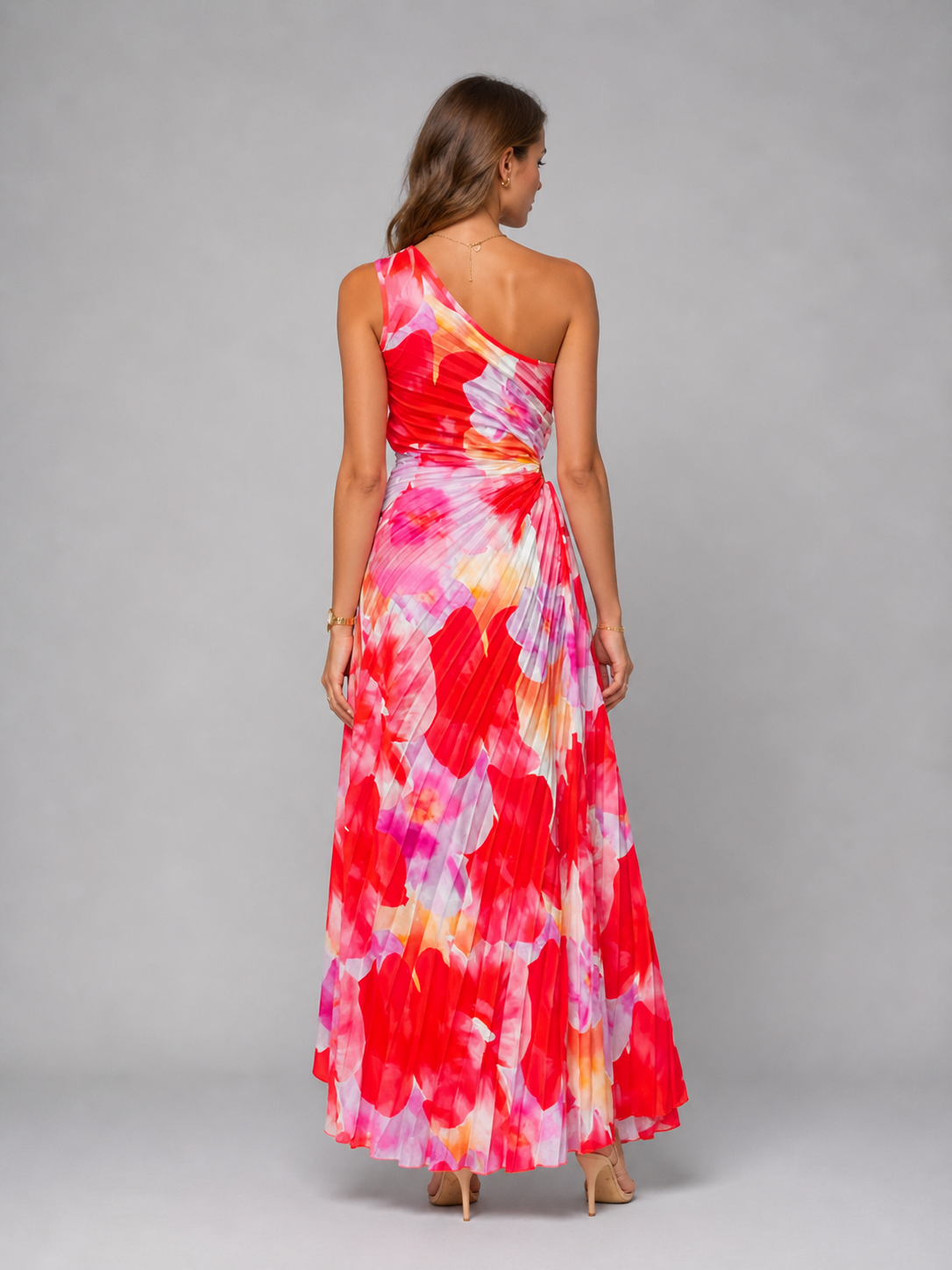 Elegant Floral Maxi Dress | One-Shoulder Design with Pleated Fabric | Flattering Long Dress for Effortless Style 1