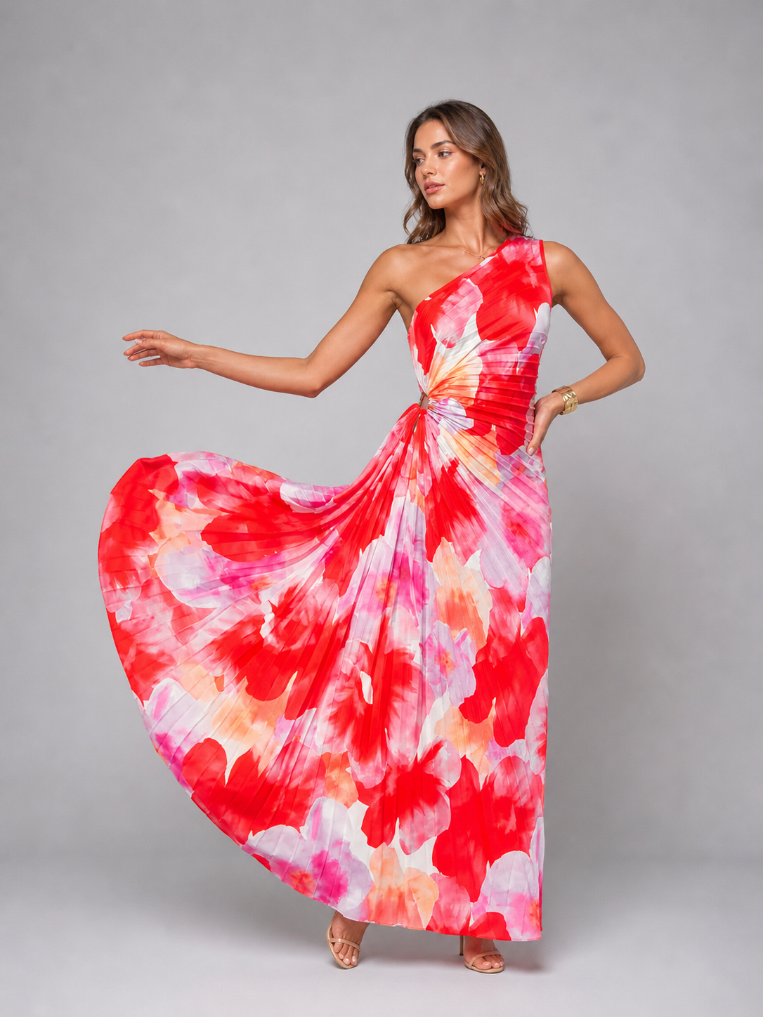 Elegant Floral Maxi Dress | One-Shoulder Design with Pleated Fabric | Flattering Long Dress for Effortless Style 3