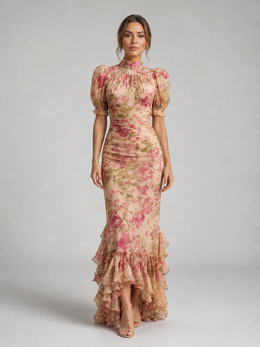 Elegant Floral Maxi Dress with High Neck & Ruffle Hem for Effortless Style 0