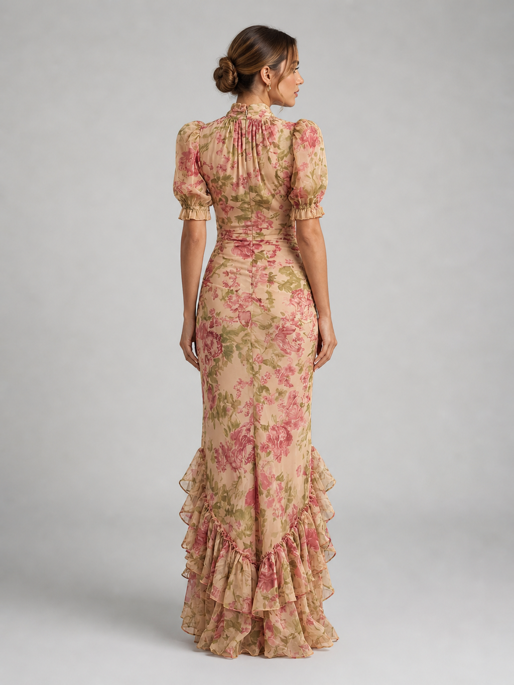 Elegant Floral Maxi Dress with High Neck & Ruffle Hem for Effortless Style 1