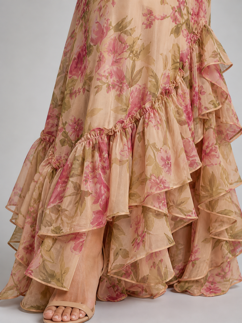 Elegant Floral Maxi Dress with High Neck & Ruffle Hem for Effortless Style 2