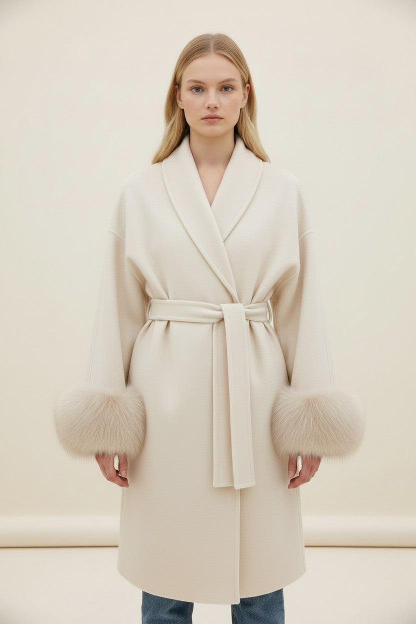 Wool Blend Wrap Coat with Faux Fur Trim