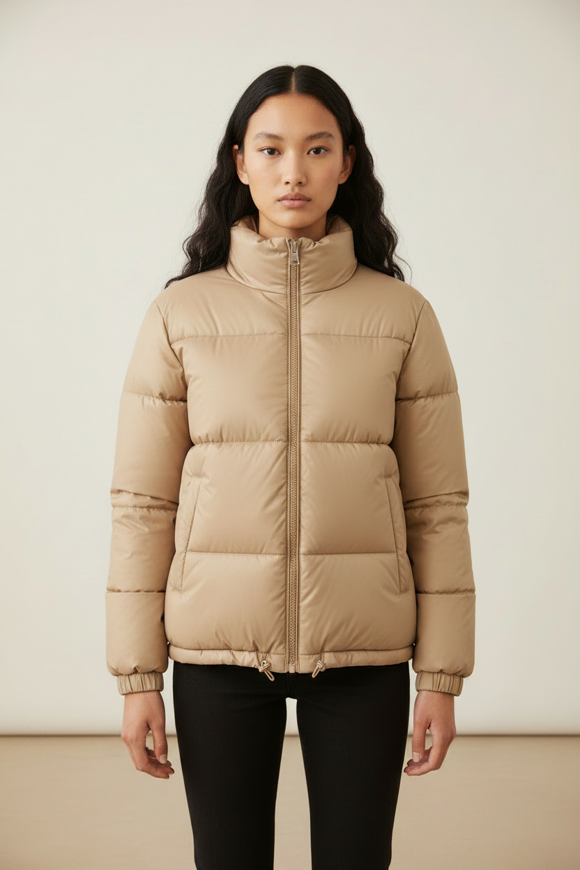 Cropped Puffer Jacket , Black High Neck Design with Adjustable Fit