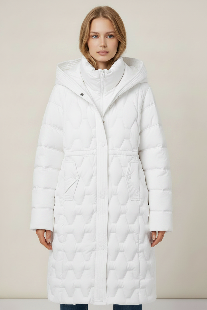 Women's Long Puffer Coat with Geometric Quilting