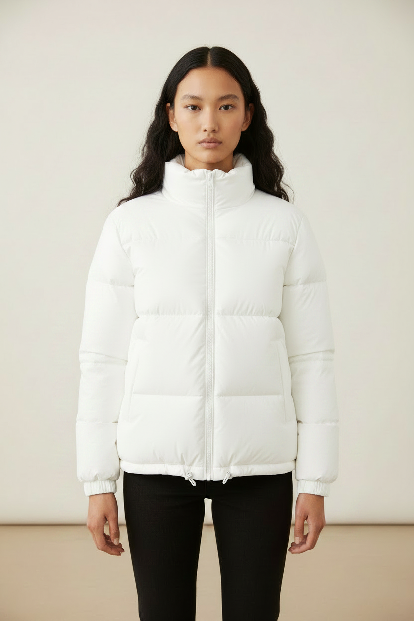 Cropped Puffer Jacket , Black High Neck Design with Adjustable Fit