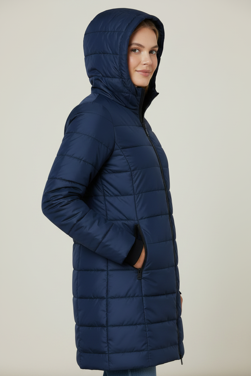 Elegant Winter Wear | Women's Long Puffer Coat with Hood & Zip Closure | Stylish Quilted Jacket for Cold Days