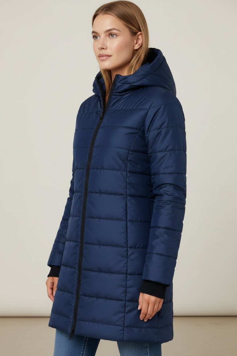 Elegant Winter Wear | Women's Long Puffer Coat with Hood & Zip Closure | Stylish Quilted Jacket for Cold Days