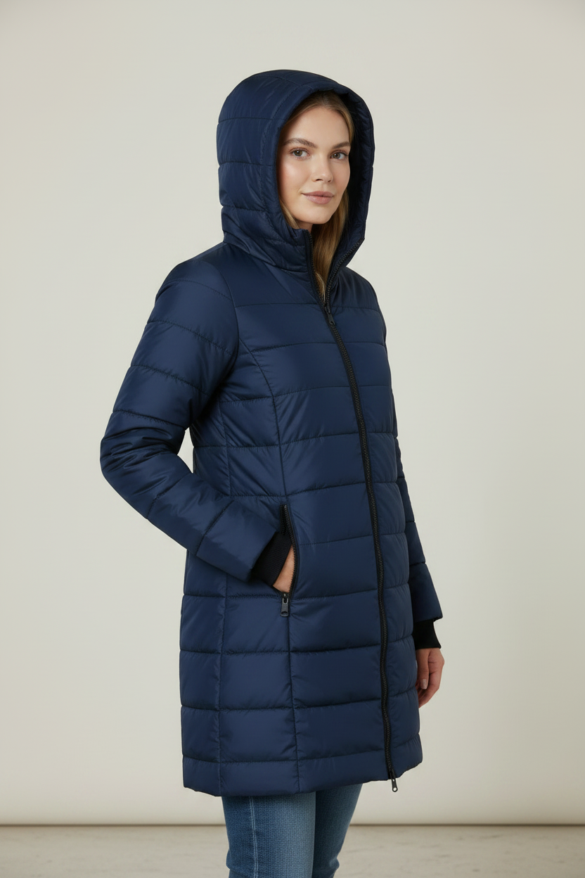 Elegant Winter Wear | Women's Long Puffer Coat with Hood & Zip Closure | Stylish Quilted Jacket for Cold Days