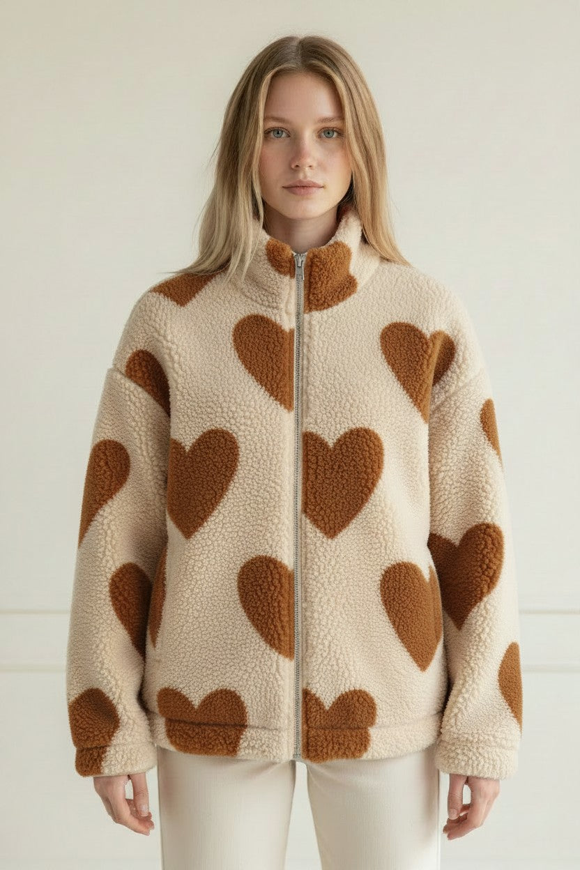 Women's Jacket with Heart Print & Fleece Fabric