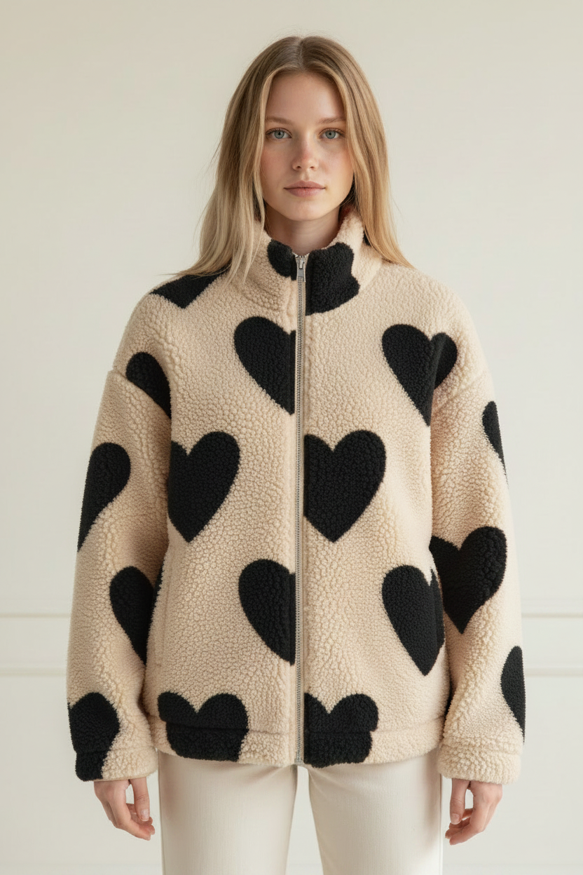 Women's Jacket with Heart Print & Fleece Fabric