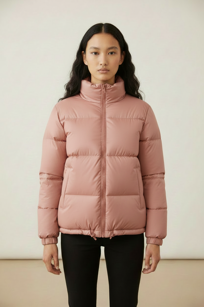 Cropped Puffer Jacket , Black High Neck Design with Adjustable Fit