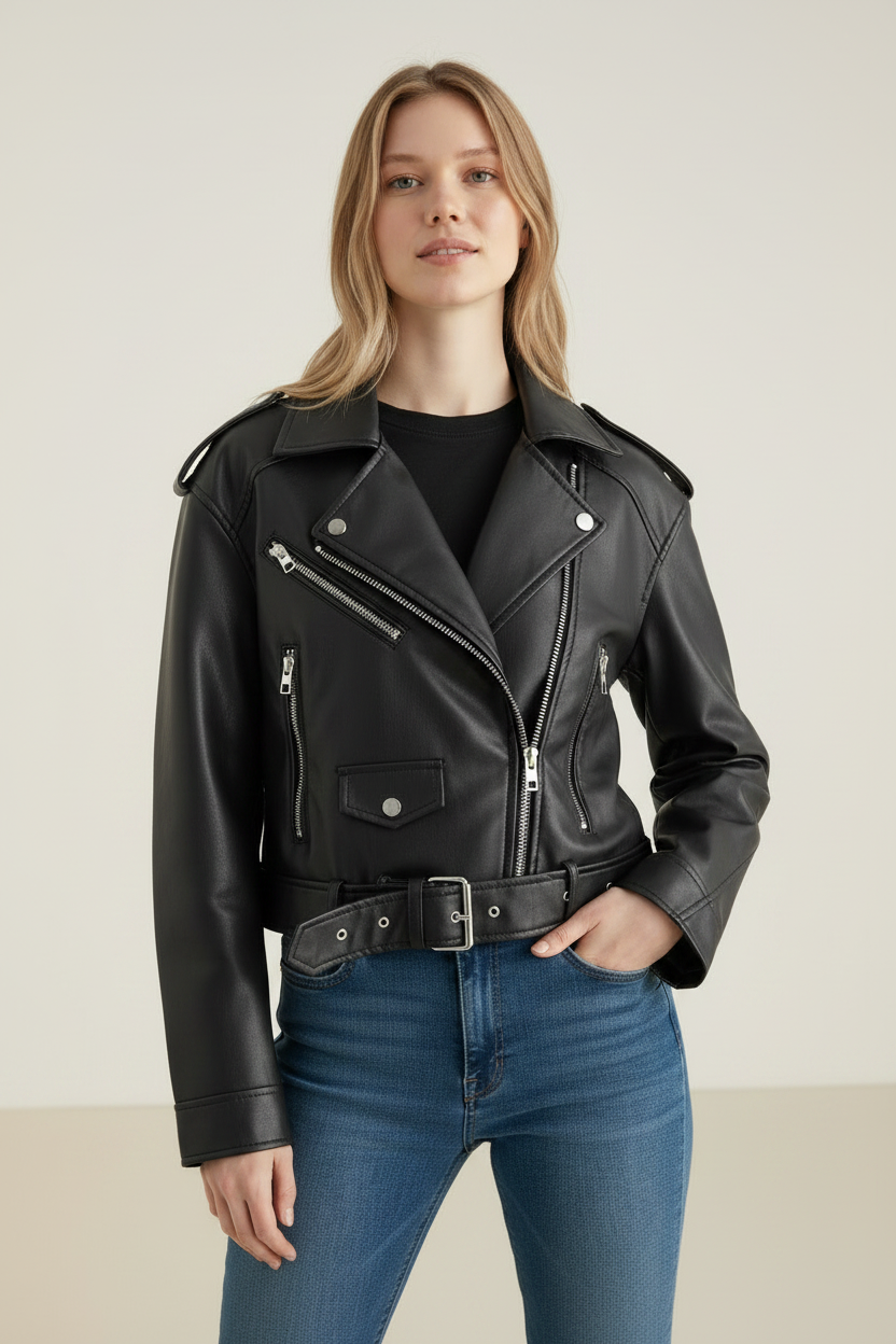 Classic Faux Leather Biker Jacket | Relaxed Fit with Adjustable Waist Belt for Effortless Style