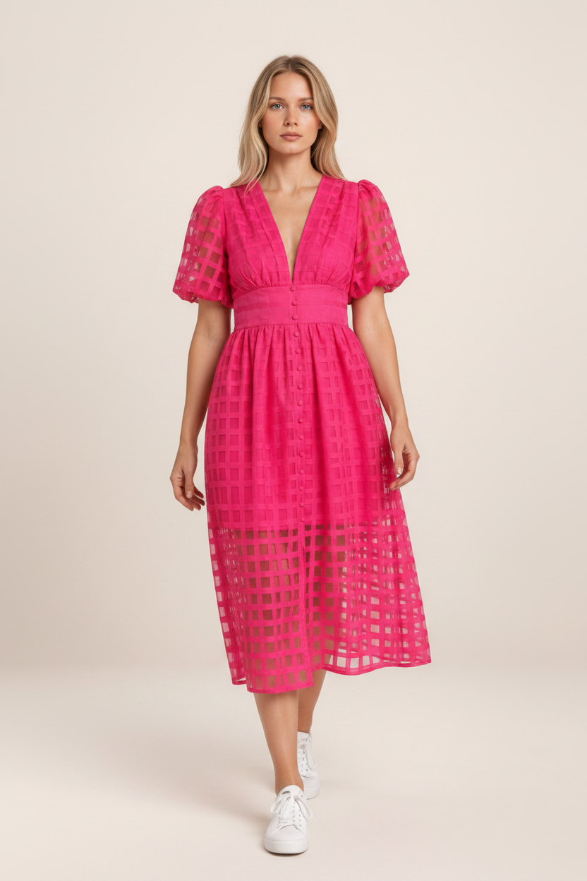Elegant Midi Dress with Puff Sleeves & Textured Fabric for Special Occasions