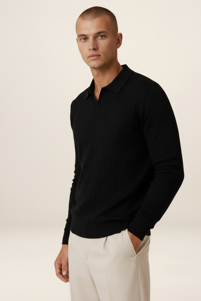 Men's Ribbed Knit Polo Sweater Smart Casual Pullover