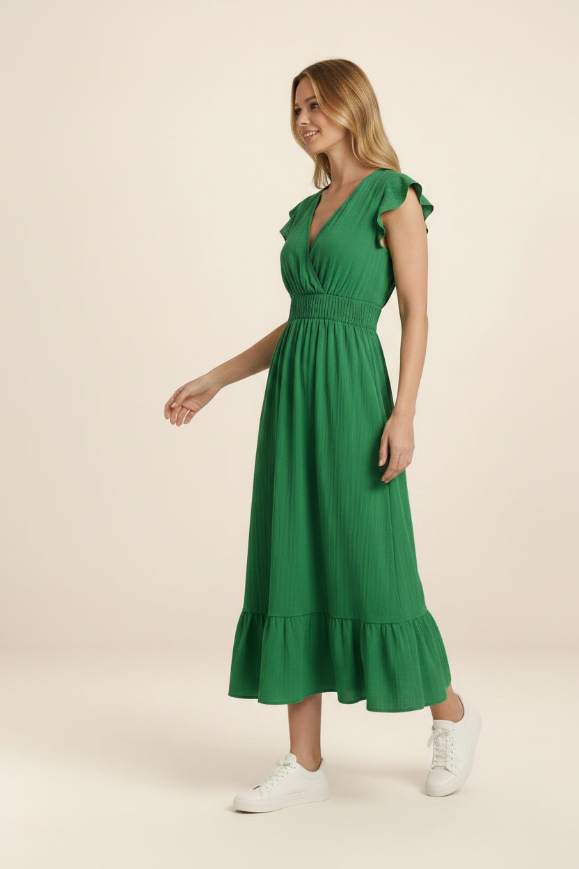 Elegant Midi Dress with V-Neck & Shirred Waist for Effortless Style