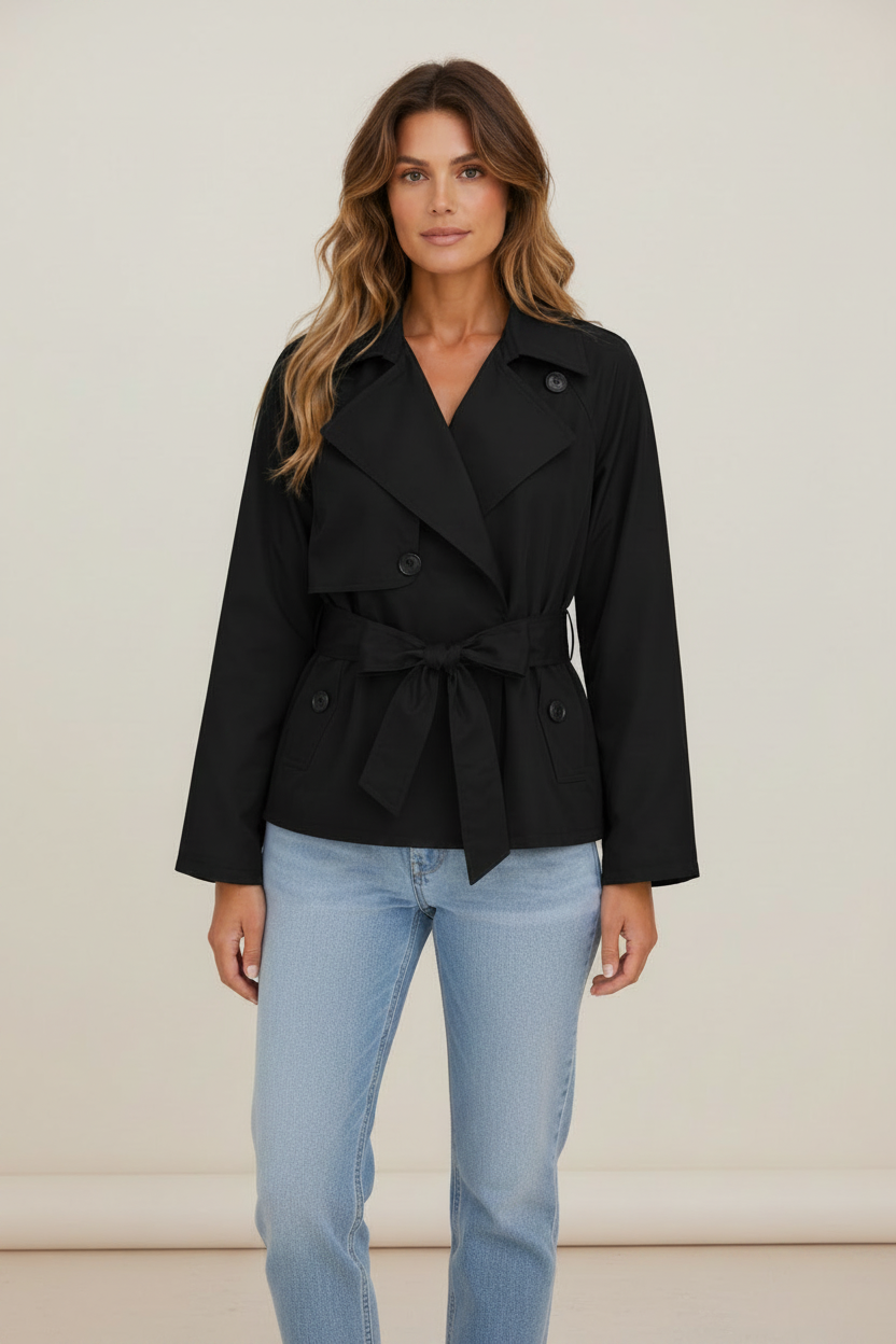 Elegant Women's Cropped Trench Jacket with Adjustable Tie Waist | Classic Tailoring for Versatile Style
