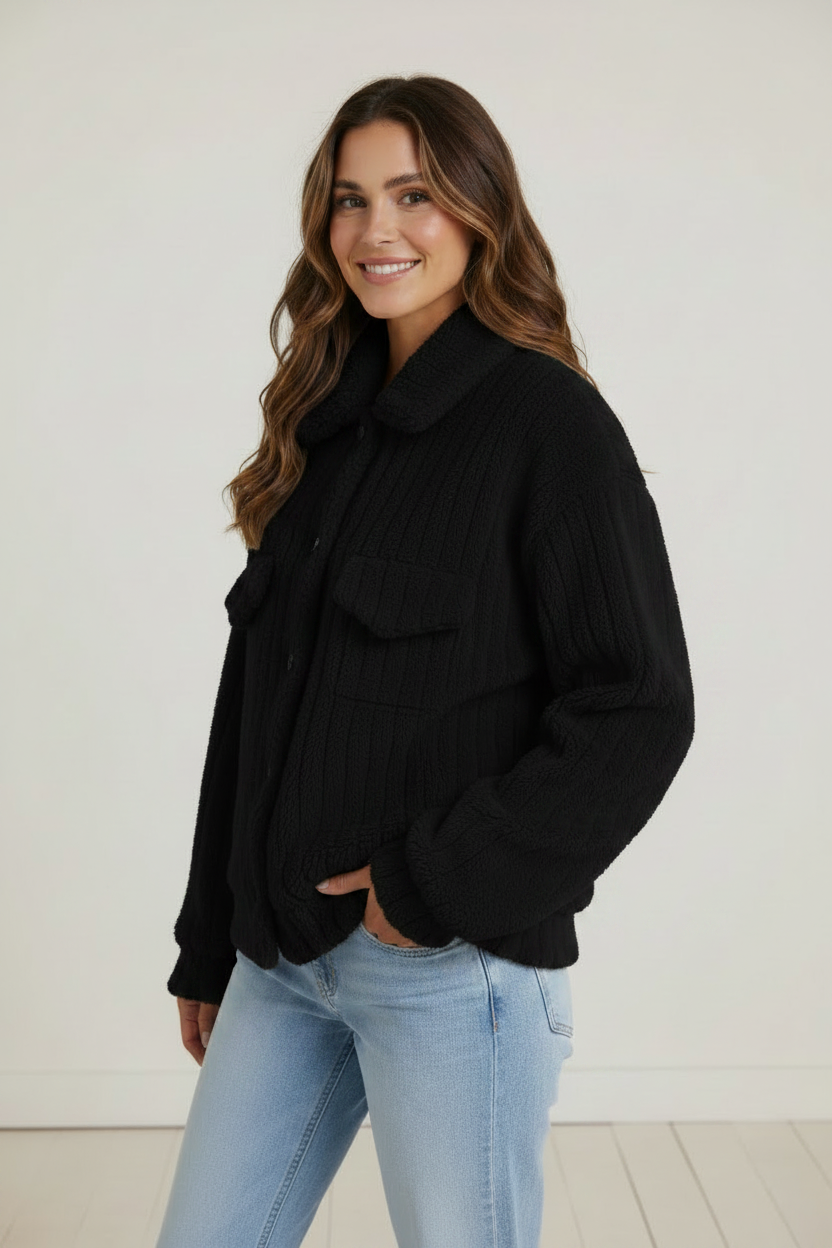 Cozy Layers | Women's Plush Teddy Jacket with Button-Up Front | Versatile Fleece Cardigan for Comfort and Style