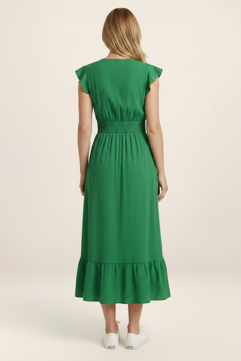 Elegant Midi Dress with V-Neck & Shirred Waist for Effortless Style