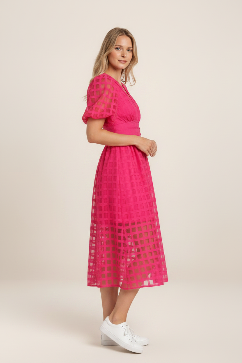Elegant Midi Dress with Puff Sleeves & Textured Fabric for Special Occasions
