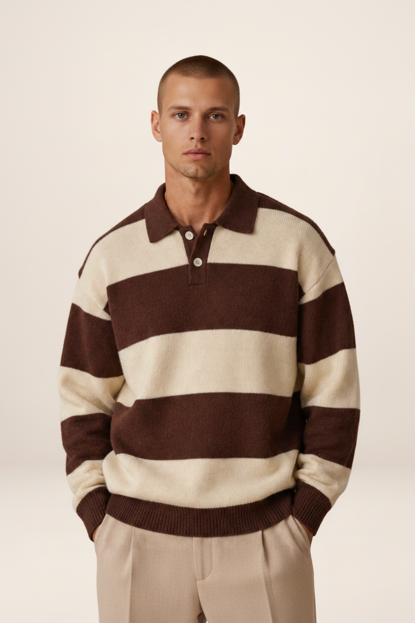 Men's Striped Polo Sweater Long Sleeve