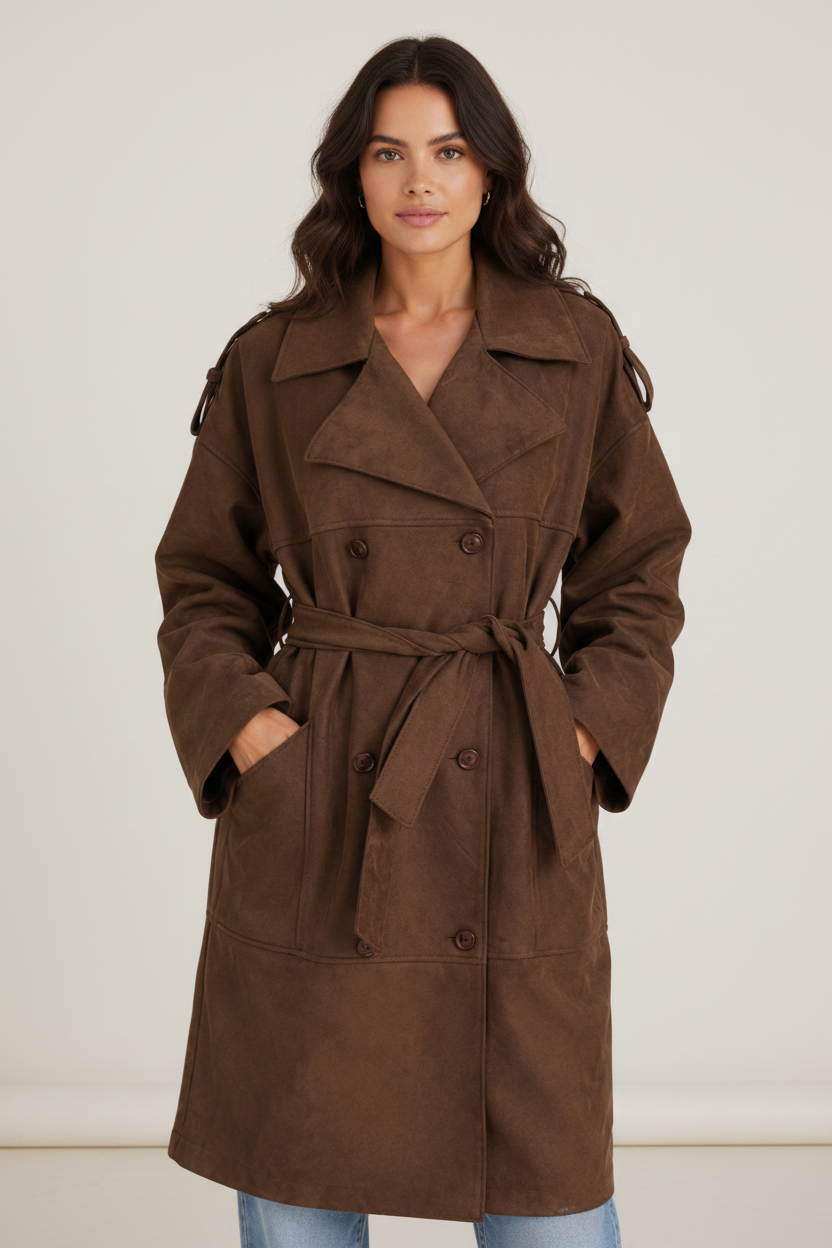Elegant Faux Suede Trench Coat Women | Double-Breasted Design with Adjustable Waist Belt for Timeless Sophistication