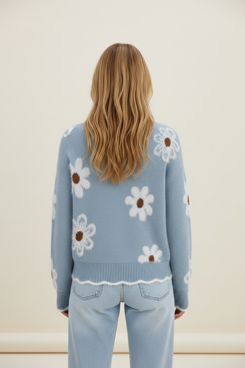 Floral V-Neck Jumper | Women's Soft Knit Casual Pullover with Textured Accents | Relaxed Fit for Everyday Comfort
