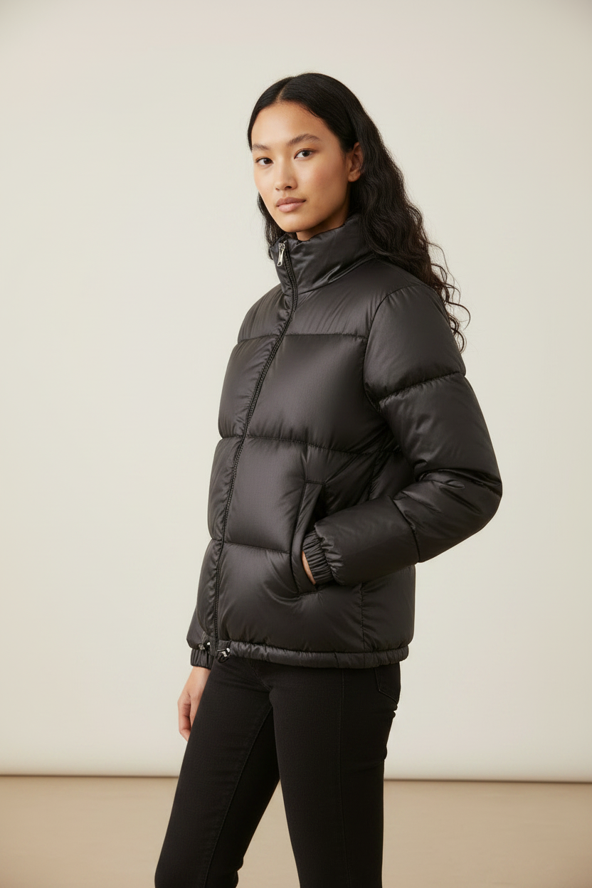 Cropped Puffer Jacket Women | Black High Neck Design with Adjustable Fit | Stylish Women's Winter Coat for Warmth and Comfort
