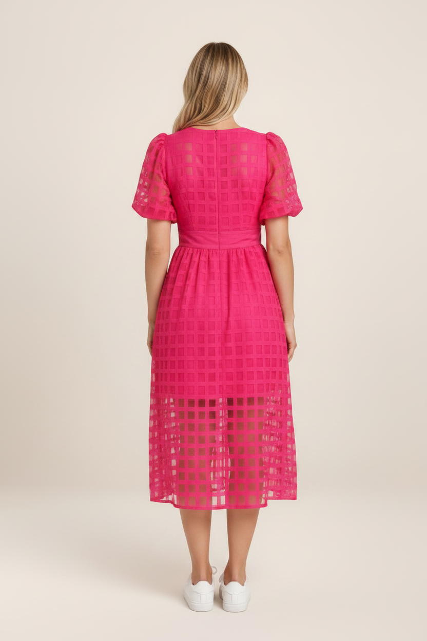 Elegant Midi Dress with Puff Sleeves & Textured Fabric for Special Occasions