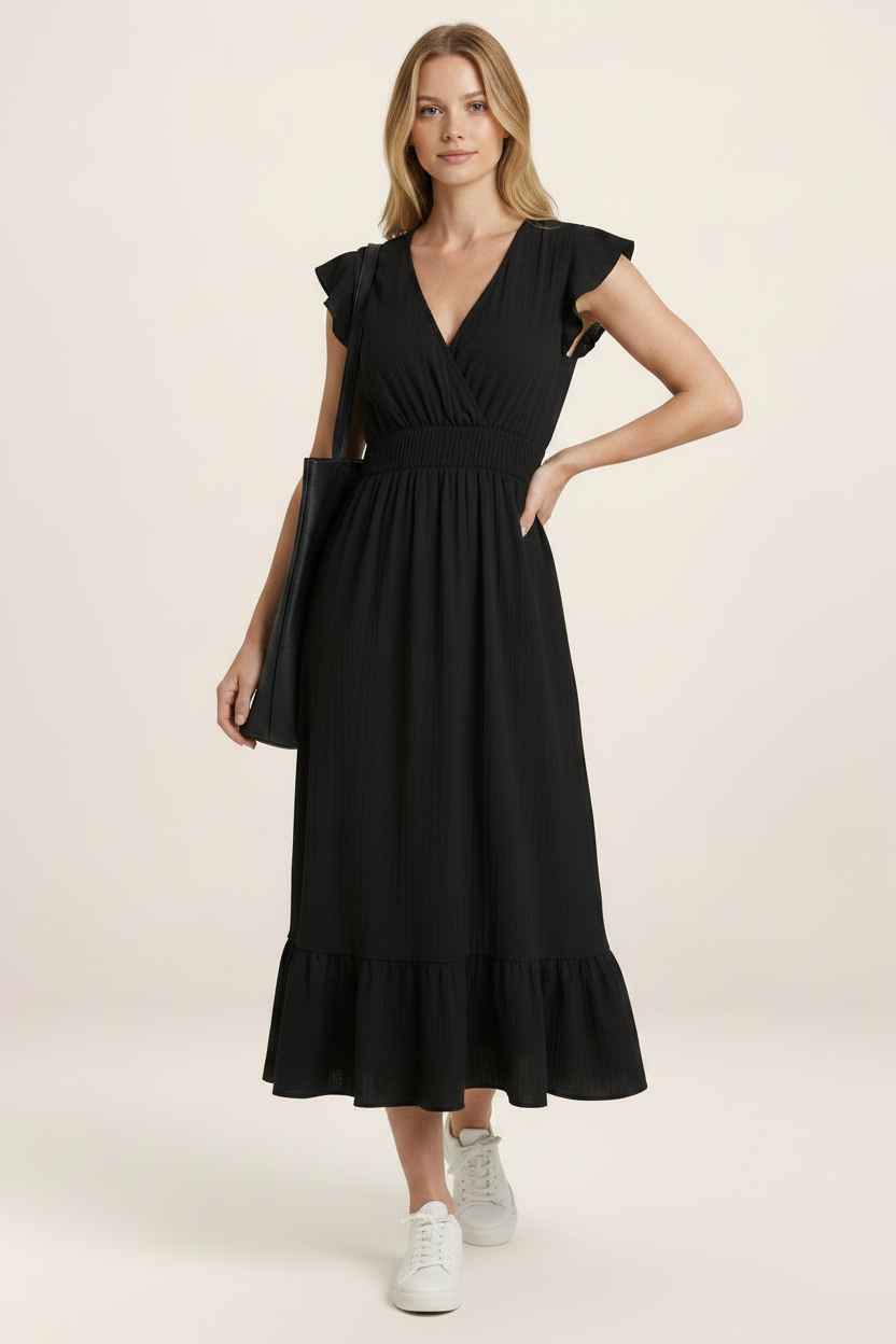 Elegant Midi Dress with V-Neck & Shirred Waist for Effortless Style