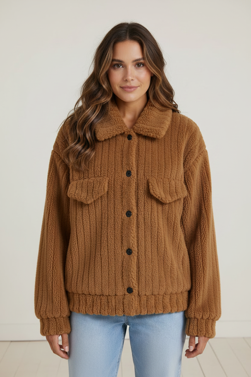 Cozy Layers | Women's Plush Teddy Jacket with Button-Up Front | Versatile Fleece Cardigan for Comfort and Style