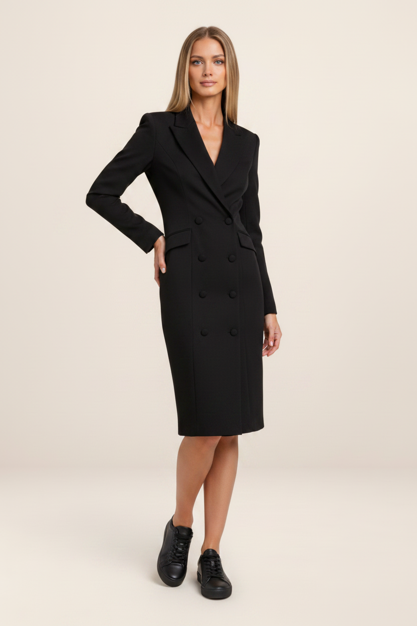 Midi Dress | Tailored Blazer-Inspired Design with Double-Breasted Detailing | Flattering Fit for Formal Occasions