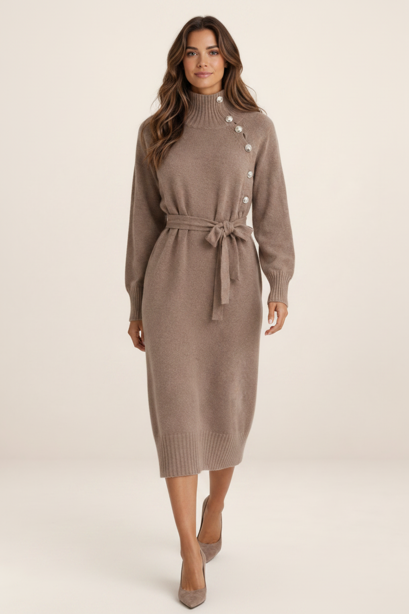 Elegant Cotton Knitted Midi Dress with Roll Neck & Adjustable Belt | Versatile Autumn and Winter Styling