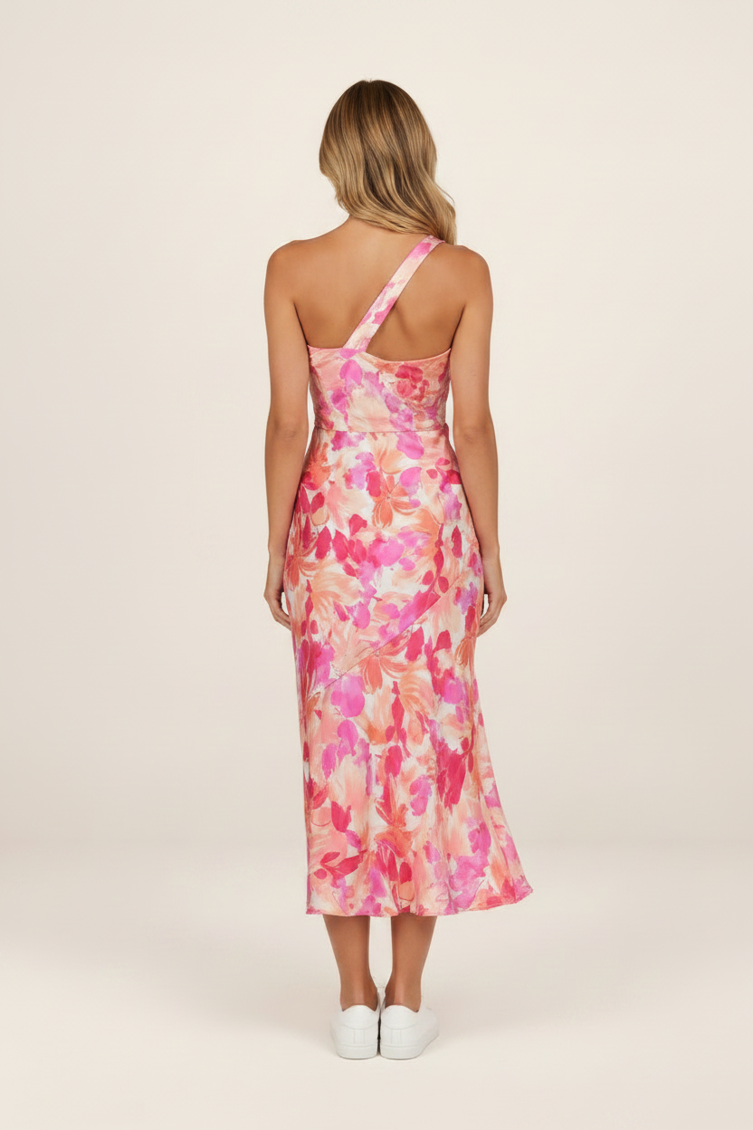 Floral Midi Dress | One-Shoulder Design with Soft Satin Finish | Elegant Wedding Guest Dress for Summer Occasions