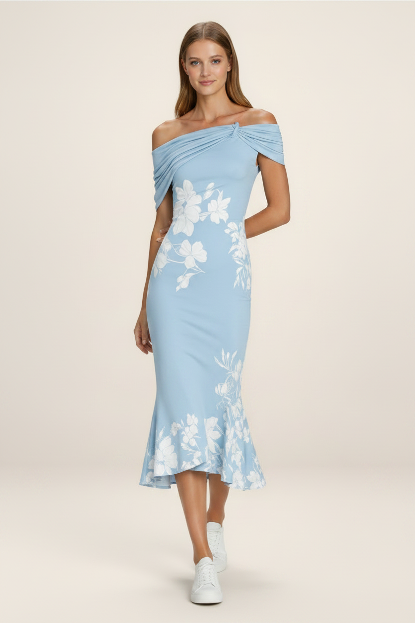 Floral Midi Dress | Women's Off-Shoulder Summer Dress with Lightweight Fabric | Elegant Style for Effortless Comfort