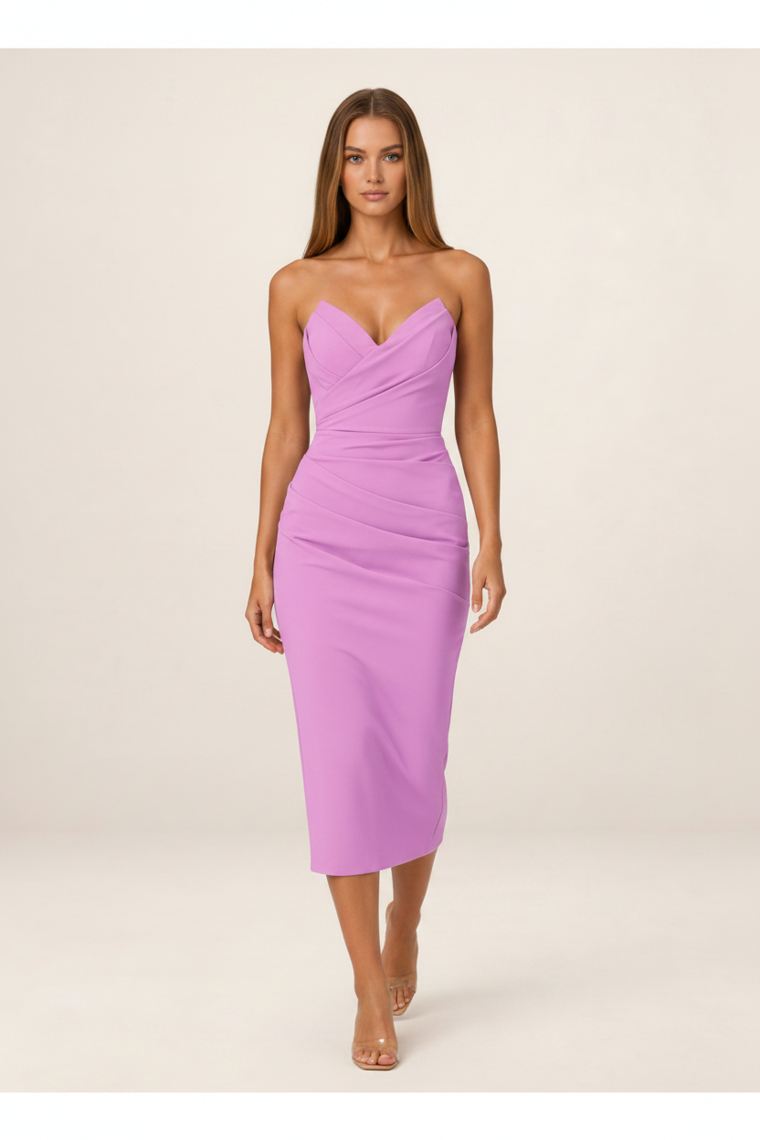 Elegant Midi Dress | Women's Strapless Ruched Design with Sweetheart Neckline | Perfect for Special Occasions