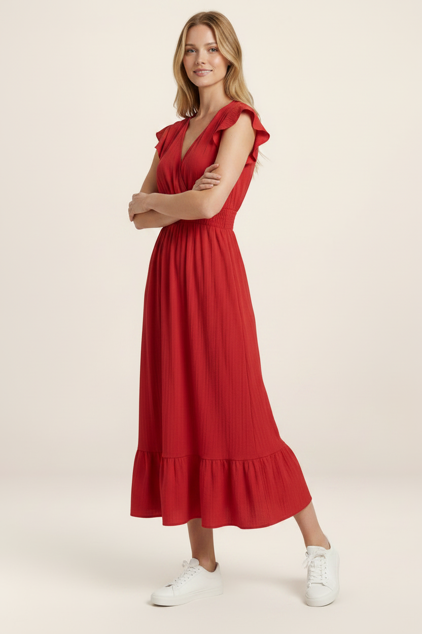 Elegant Midi Dress with V-Neck & Shirred Waist for Effortless Style