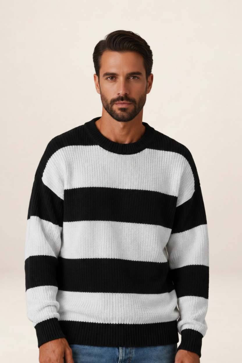 Men's Striped Knit Sweater – Crew Neck Long Sleeve Pullover