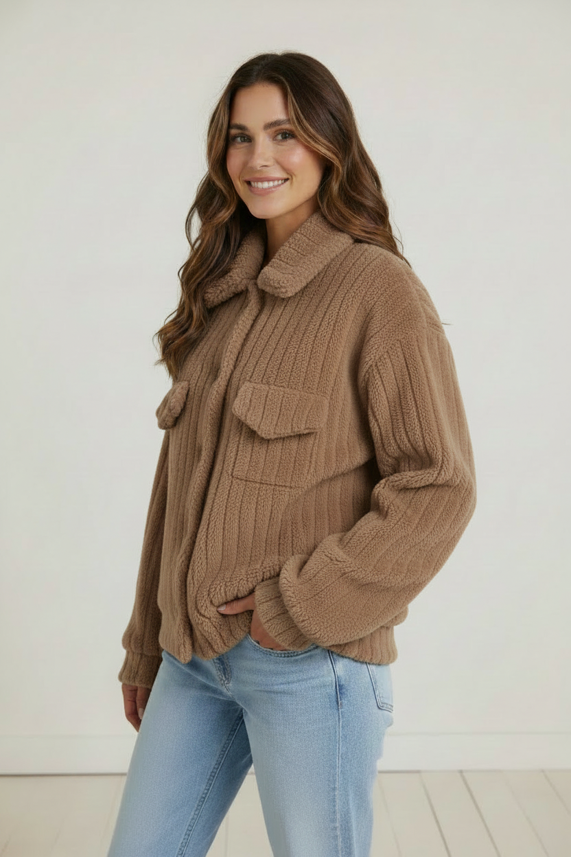 Cozy Layers | Women's Plush Teddy Jacket with Button-Up Front | Versatile Fleece Cardigan for Comfort and Style