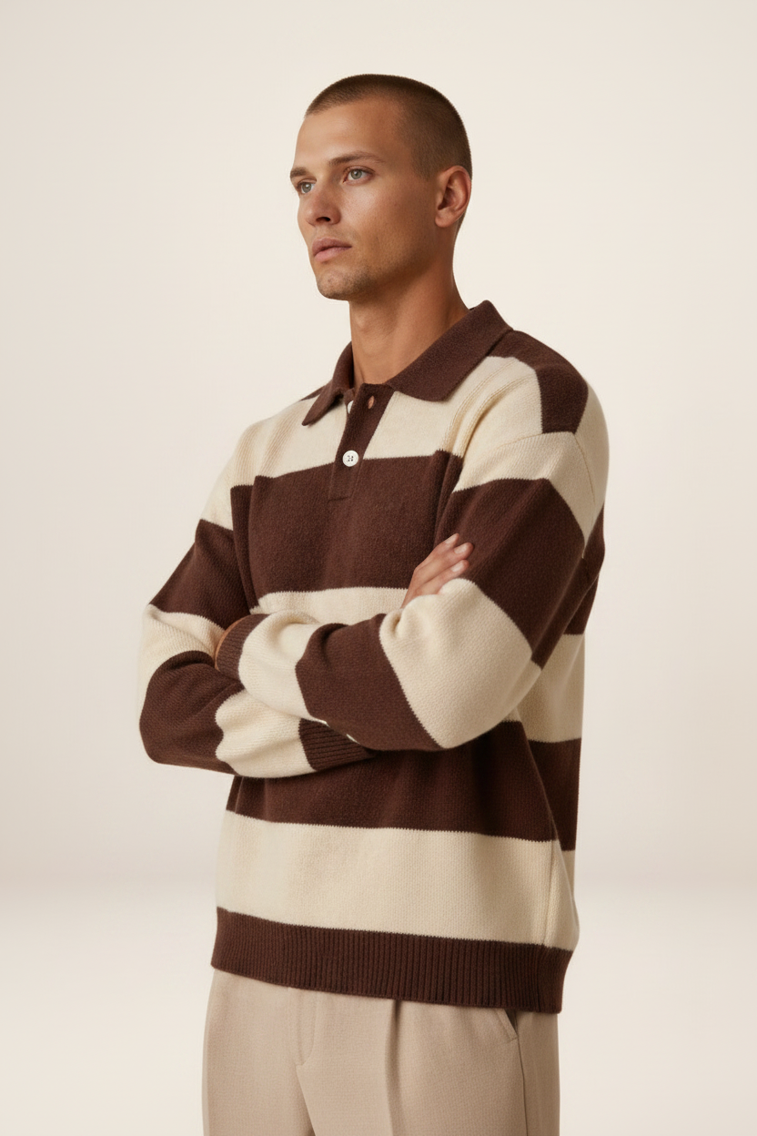 Men's Striped Polo Sweater Long Sleeve