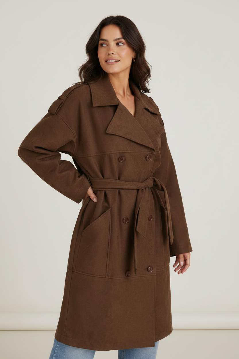 Elegant Faux Suede Trench Coat Women | Double-Breasted Design with Adjustable Waist Belt for Timeless Sophistication