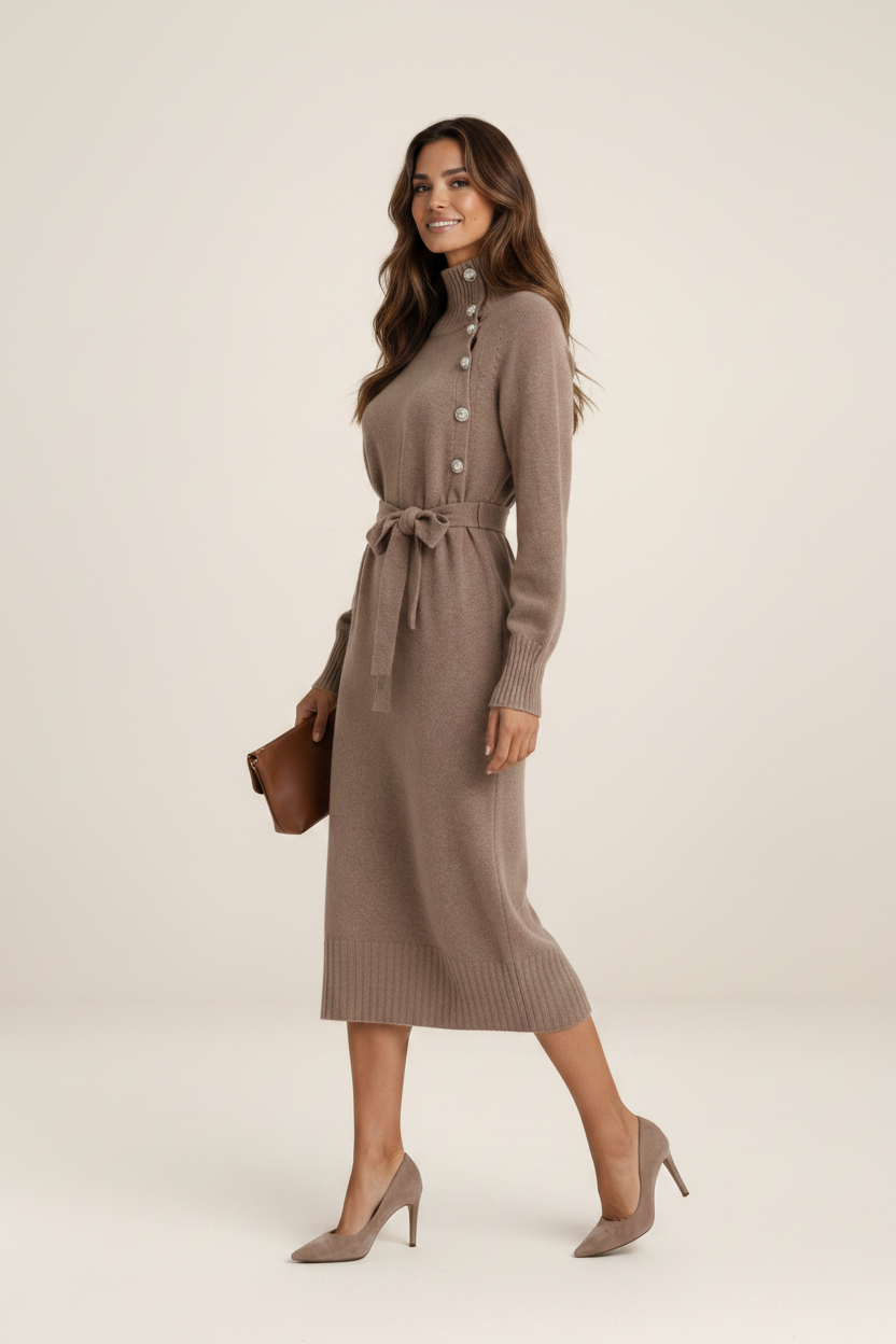 Elegant Cotton Knitted Midi Dress with Roll Neck & Adjustable Belt | Versatile Autumn and Winter Styling