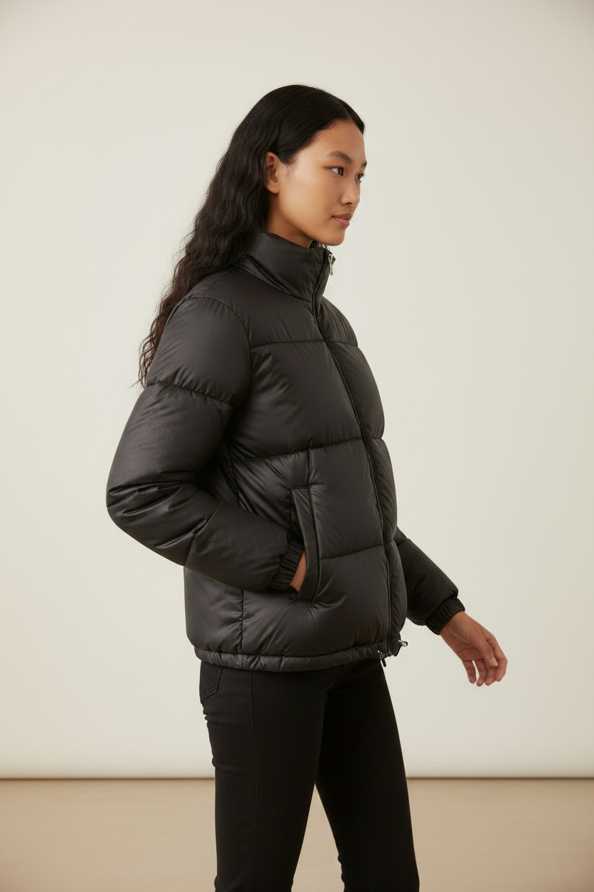 Cropped Puffer Jacket Women | Black High Neck Design with Adjustable Fit | Stylish Women's Winter Coat for Warmth and Comfort