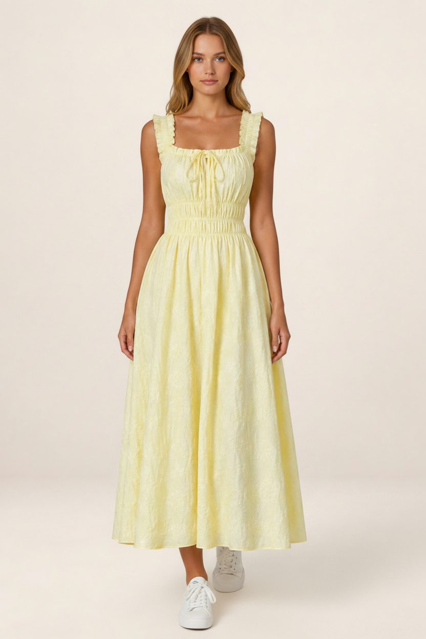 Floral Midi Dress with Shirred Waist & Ruffle Straps for Effortless Style