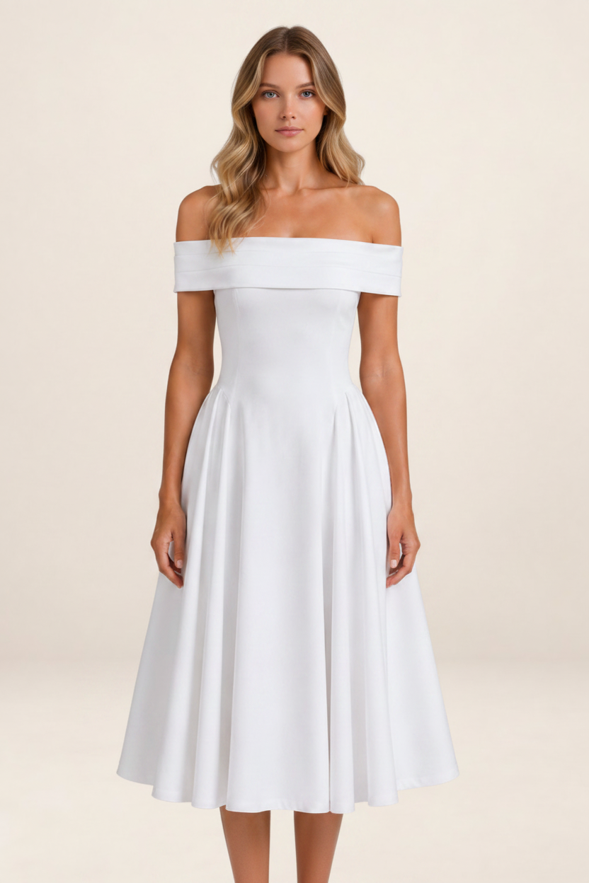 Elegant Off-Shoulder Midi Dress with Flowing Skirt for Timeless Sophistication