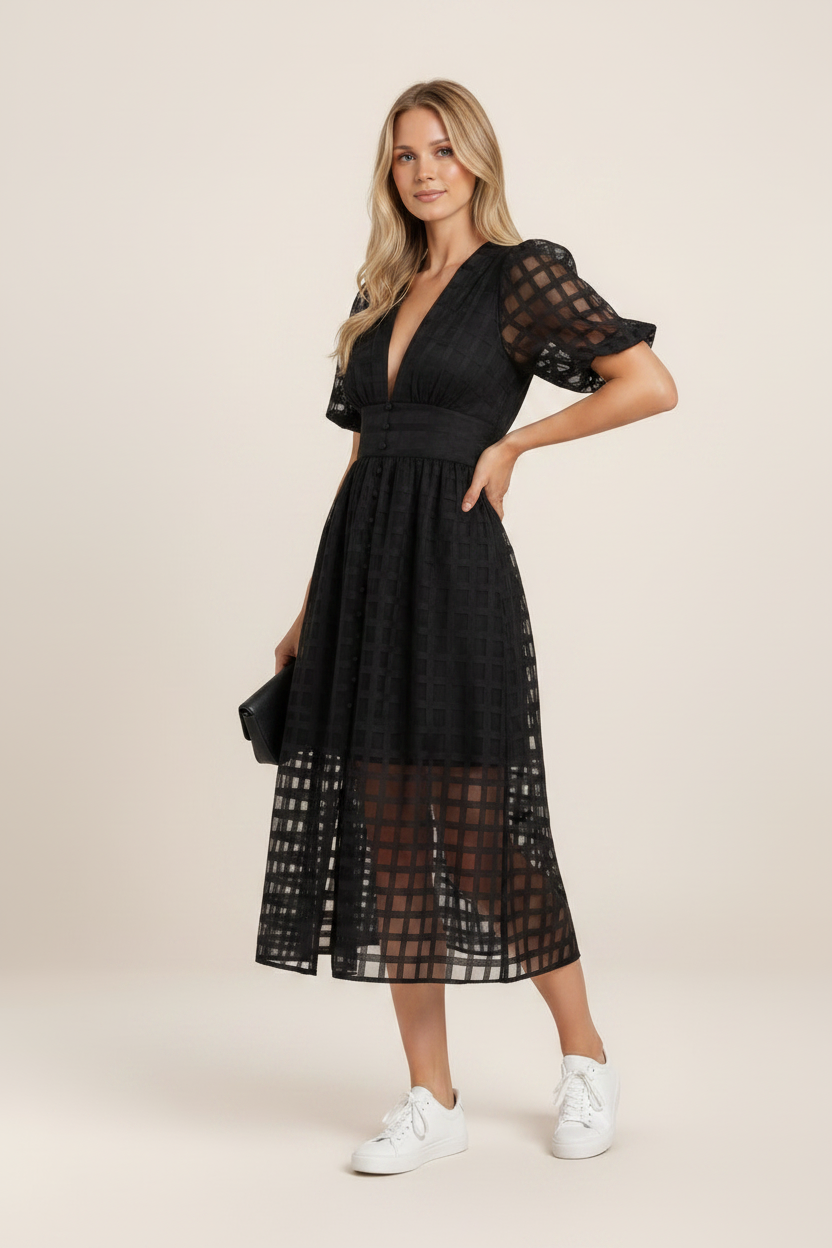 Elegant Midi Dress with Puff Sleeves & Textured Fabric for Special Occasions